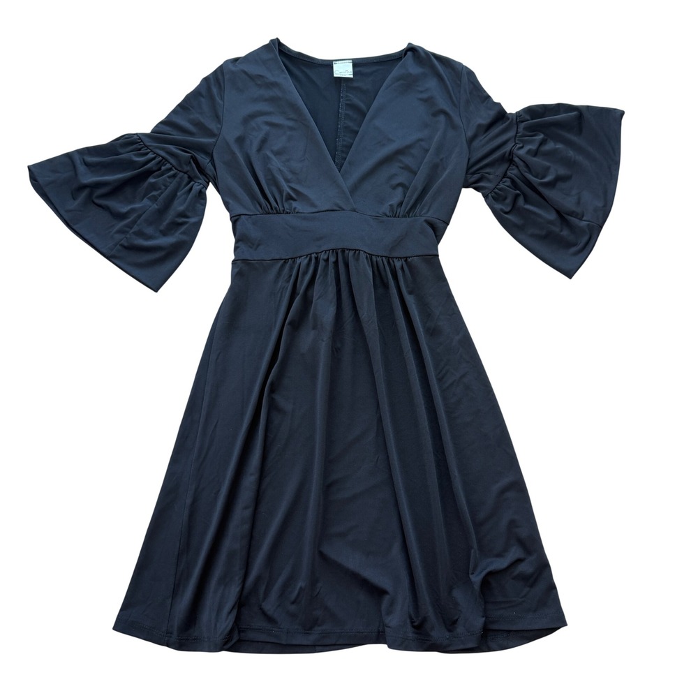 Vintage Y2K Carolina Babydoll Mini Dress Bell Sleeve Tie Waist Medium Black